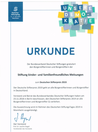 Urkunde - Deutscher Stifterpreis 2019